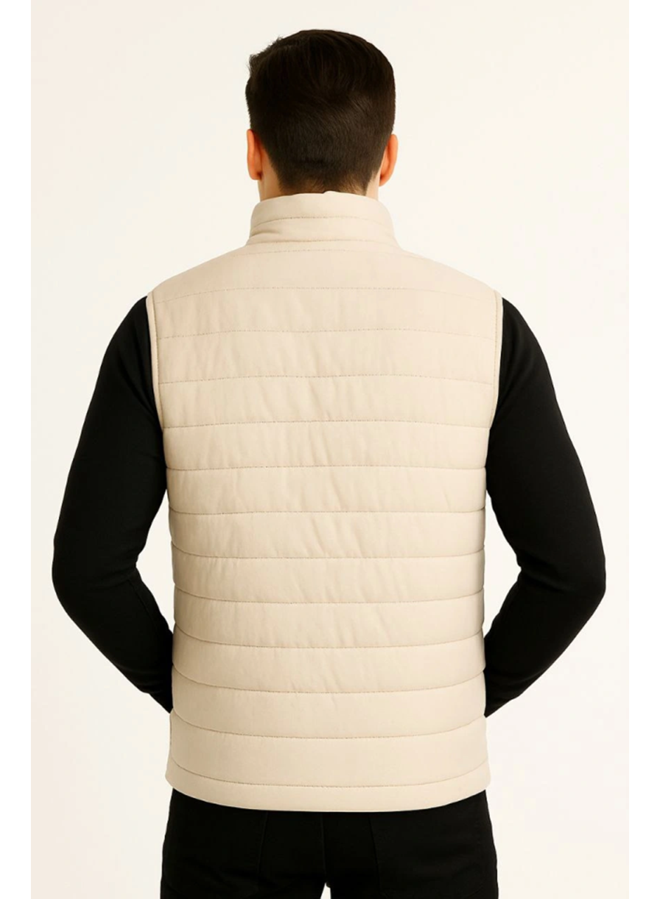 Erkek Şişme Fermuarlı Yelek Su Itici Kapitone Astarlı Kumaş Cepli Hafif Kışlık Spor Rahat Kalıp -Bej