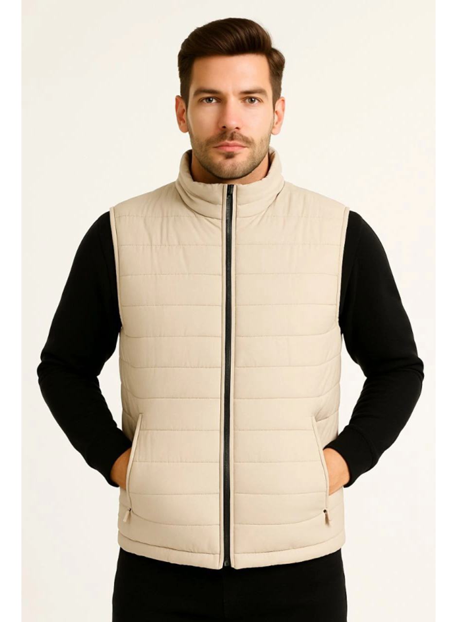 Erkek Şişme Fermuarlı Yelek Su Itici Kapitone Astarlı Kumaş Cepli Hafif Kışlık Spor Rahat Kalıp -Bej