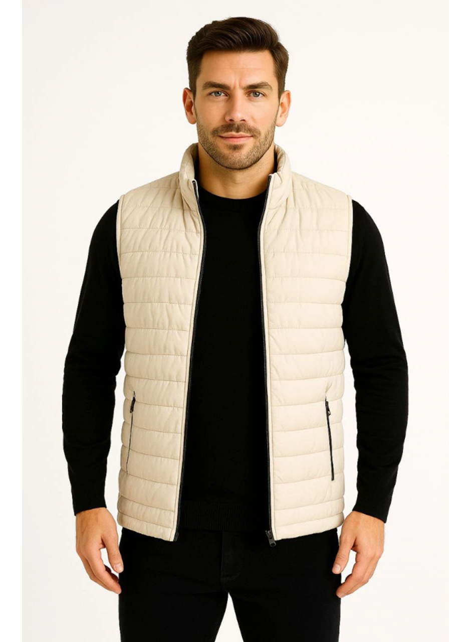 Erkek Şişme Fermuarlı Yelek Su Itici Kapitone Astarlı Kumaş Cepli Hafif Kışlık Spor Rahat Kalıp -Bej