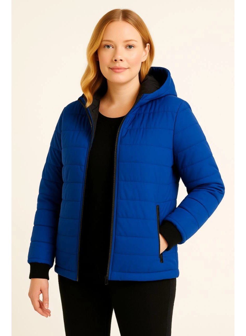 Şişme Kapüşonlu Fermuarlı Mont Su Itici Kapitone Astarlı Kumaş Cepli Kışlık Rahat Kalıp  - Saks Mavisi