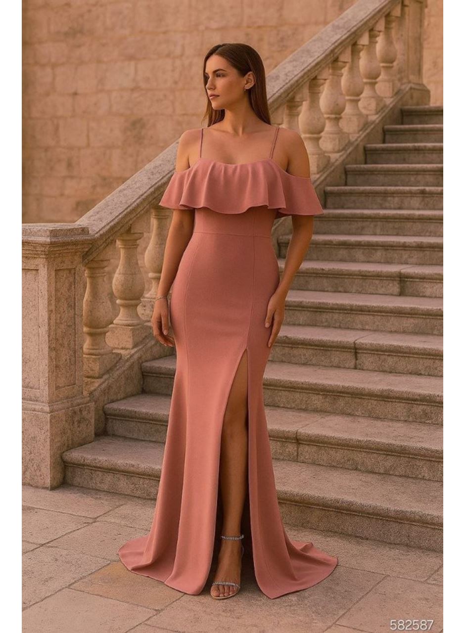 Kadın Dalgıç Krep Yırtmaç Detaylı Askılı Maxi Boy Elbise