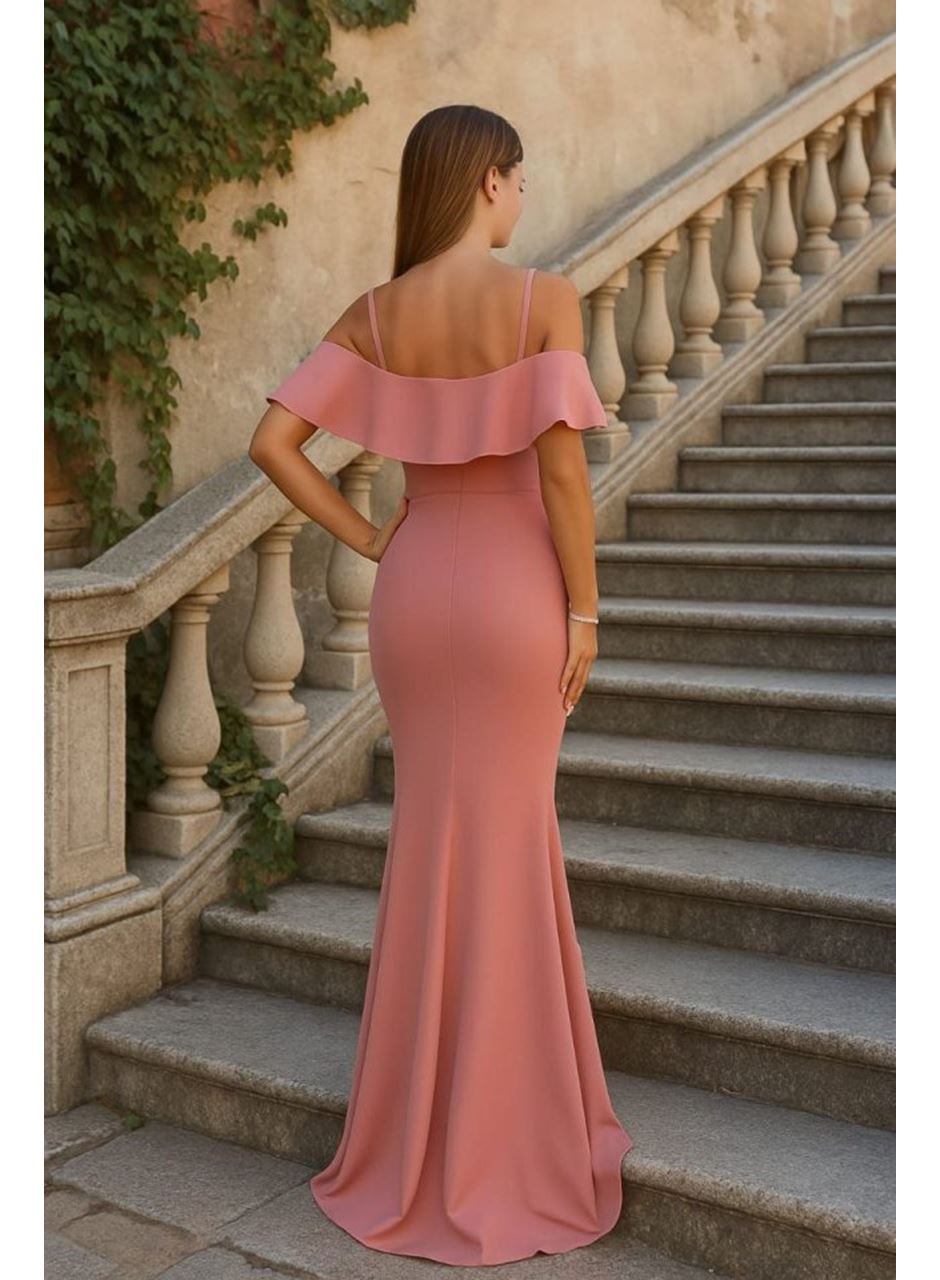 Kadın Dalgıç Krep Yırtmaç Detaylı Askılı Maxi Boy Elbise