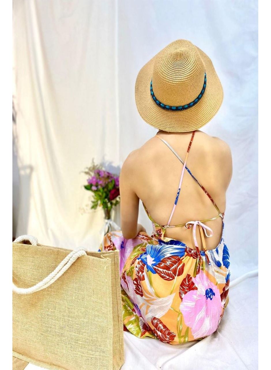 Mavi Sırt Dekolteli Keten Elbise