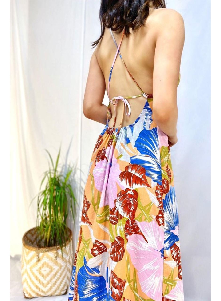 Mavi Sırt Dekolteli Keten Elbise