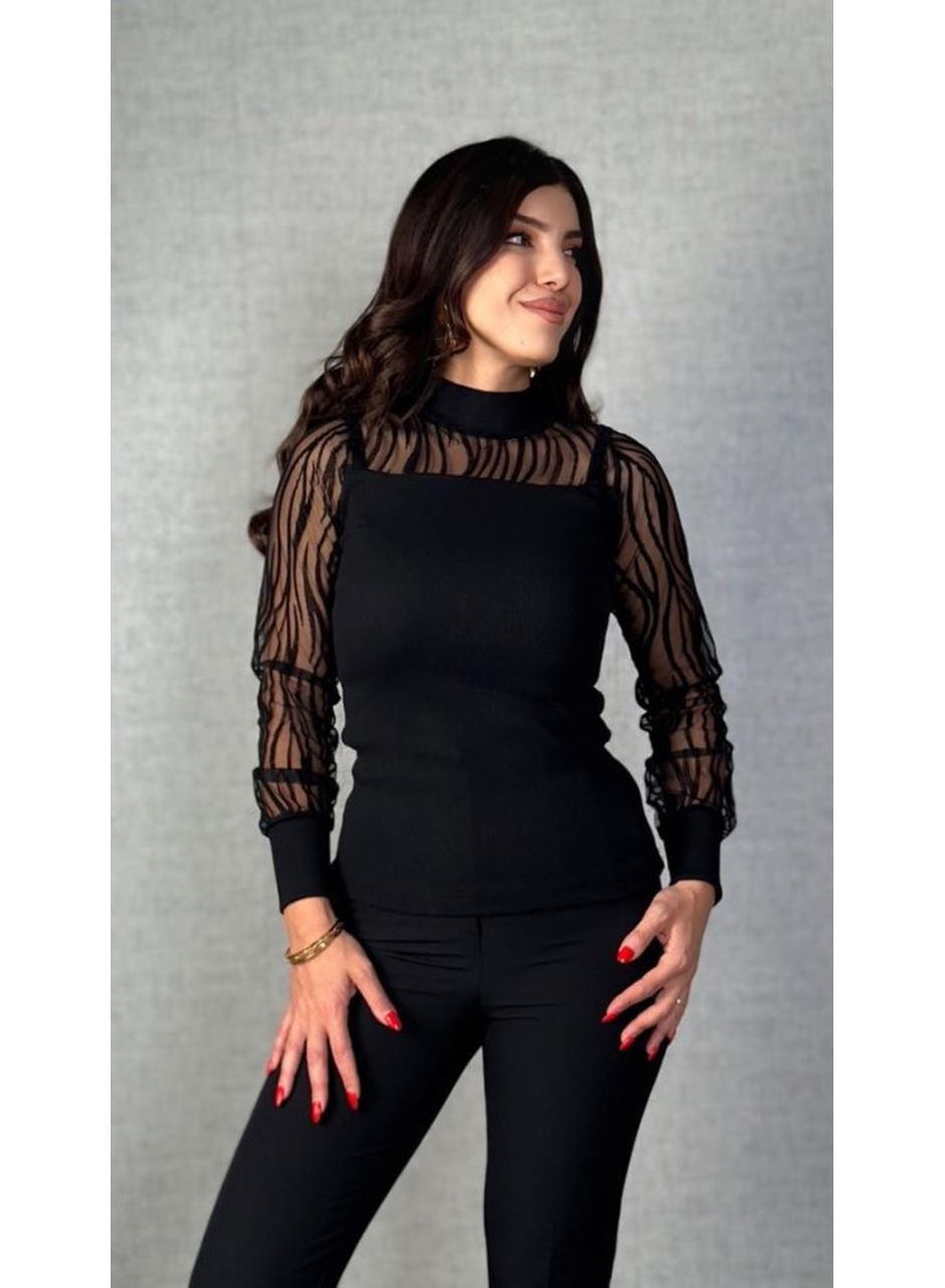 Kadın Uzun Kollu Bisiklet Yaka Kolları Tül Detay Kaşkorse Kumaş Bluz