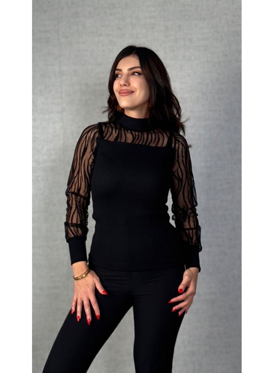 Kadın Uzun Kollu Bisiklet Yaka Kolları Tül Detay Kaşkorse Kumaş Bluz