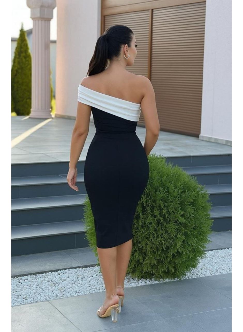 Kadın Omuz Dekolteli Arkası Büzgü Detay Midi Boy Elbise