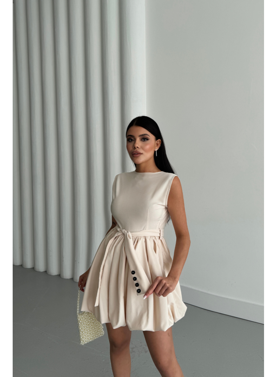 BALON ETEKLİ TASARIM KISA ELBİSE - Bej
