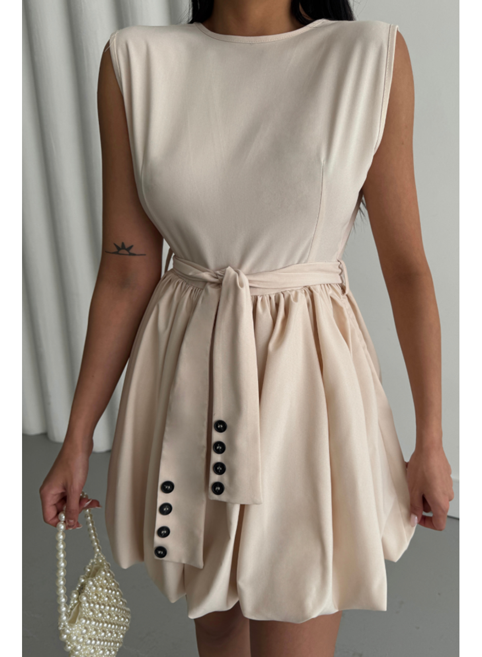 BALON ETEKLİ TASARIM KISA ELBİSE - Bej