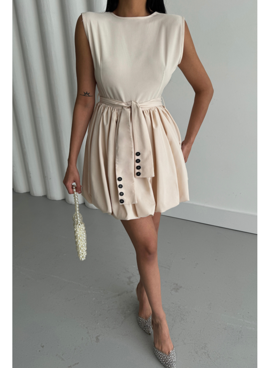 BALON ETEKLİ TASARIM KISA ELBİSE - Bej