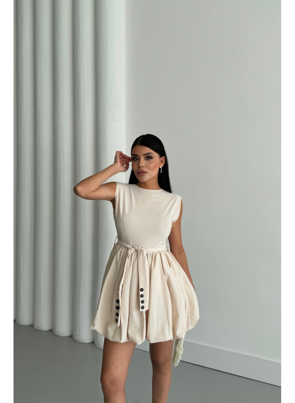 BALON ETEKLİ TASARIM KISA ELBİSE - Bej