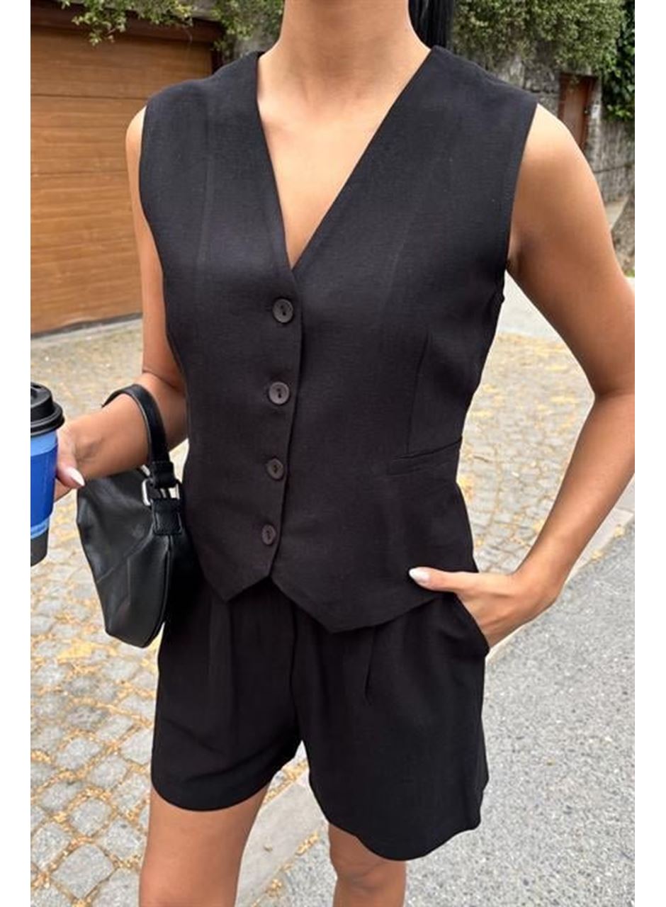 Yelek Şort Flamlı Keten Takım 10133-17