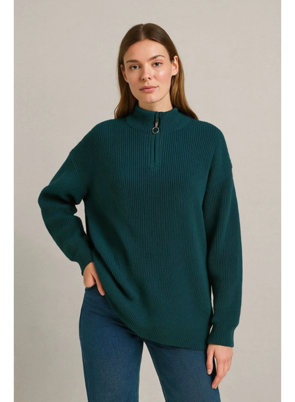 KADIN Yarım Fermuarlı Triko Kazak – Selanik Örgü, Dik Yaka, Pamuklu Dokuma, Oversize Uzun Kollu Kışlık Model - Haki