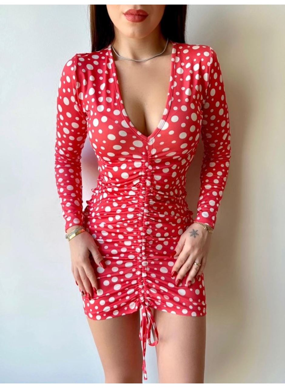 Kadın V Yaka önü Asansör Büzgü Detay Fırsat ürün Puantiyeli Mini Elbise