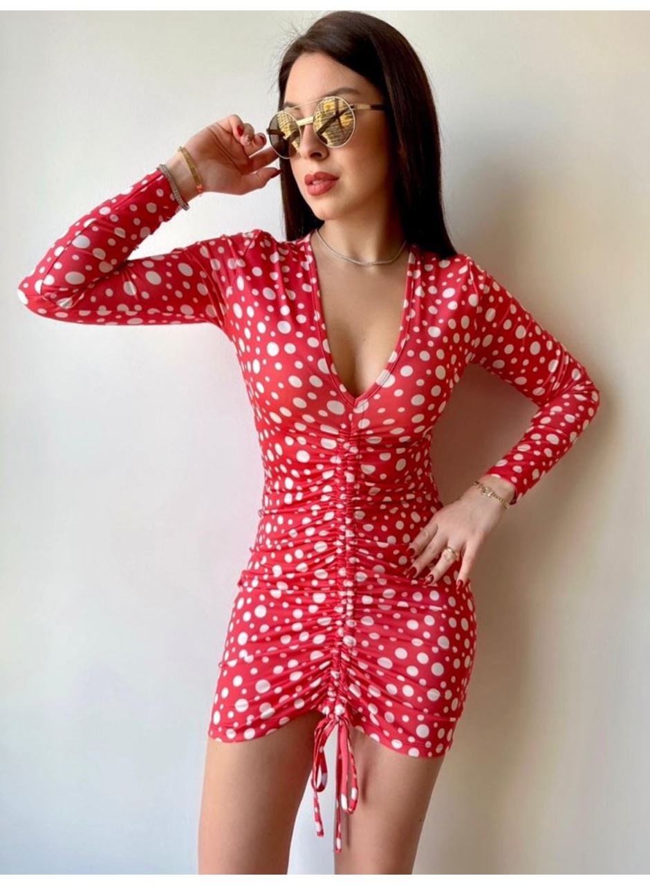 Kadın V Yaka önü Asansör Büzgü Detay Fırsat ürün Puantiyeli Mini Elbise
