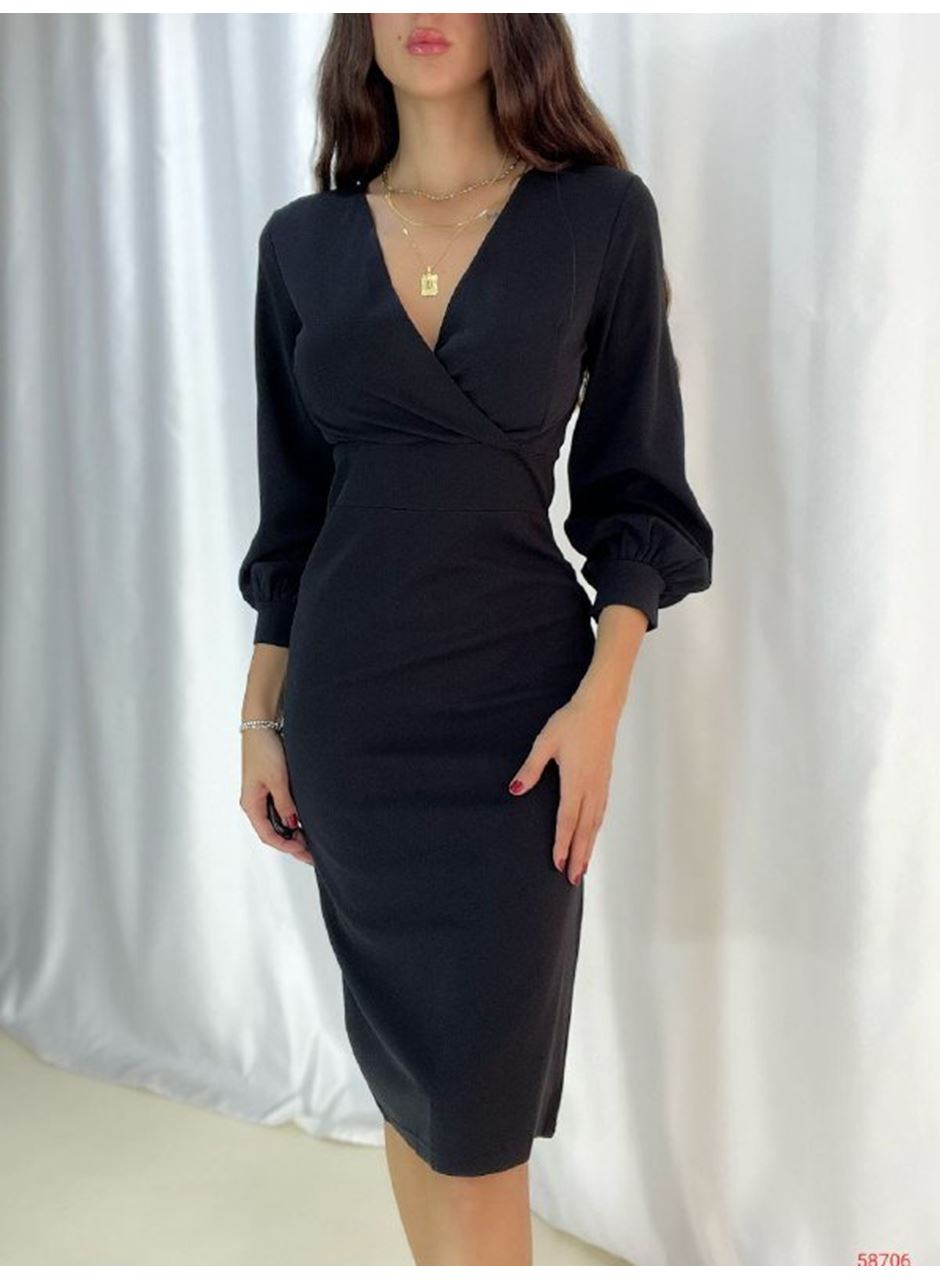 Kadın Kruvaze Yaka Balon Kol Midi Boy Elbise