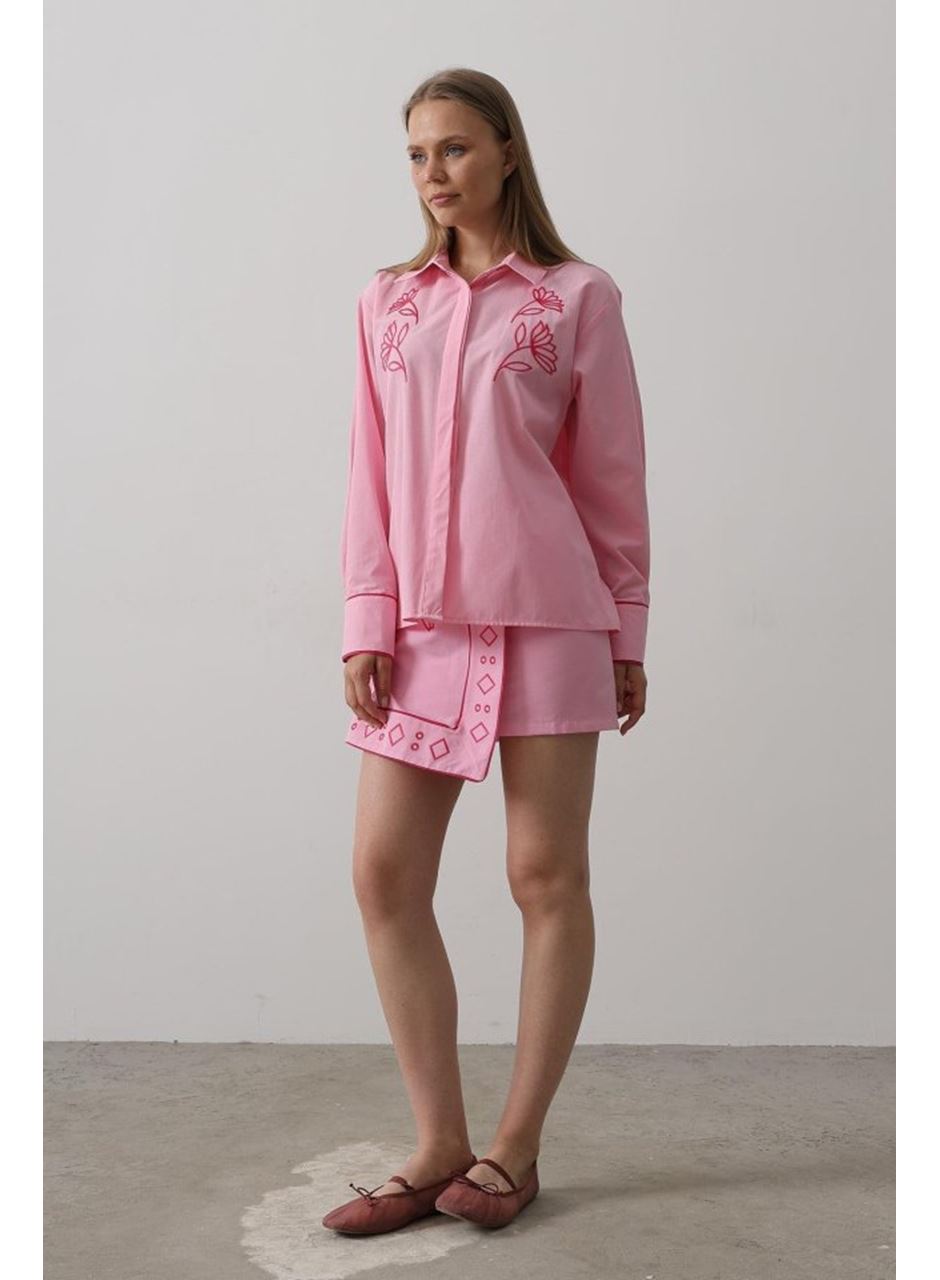 Nakış Detaylı Etekli Takım - Pembe