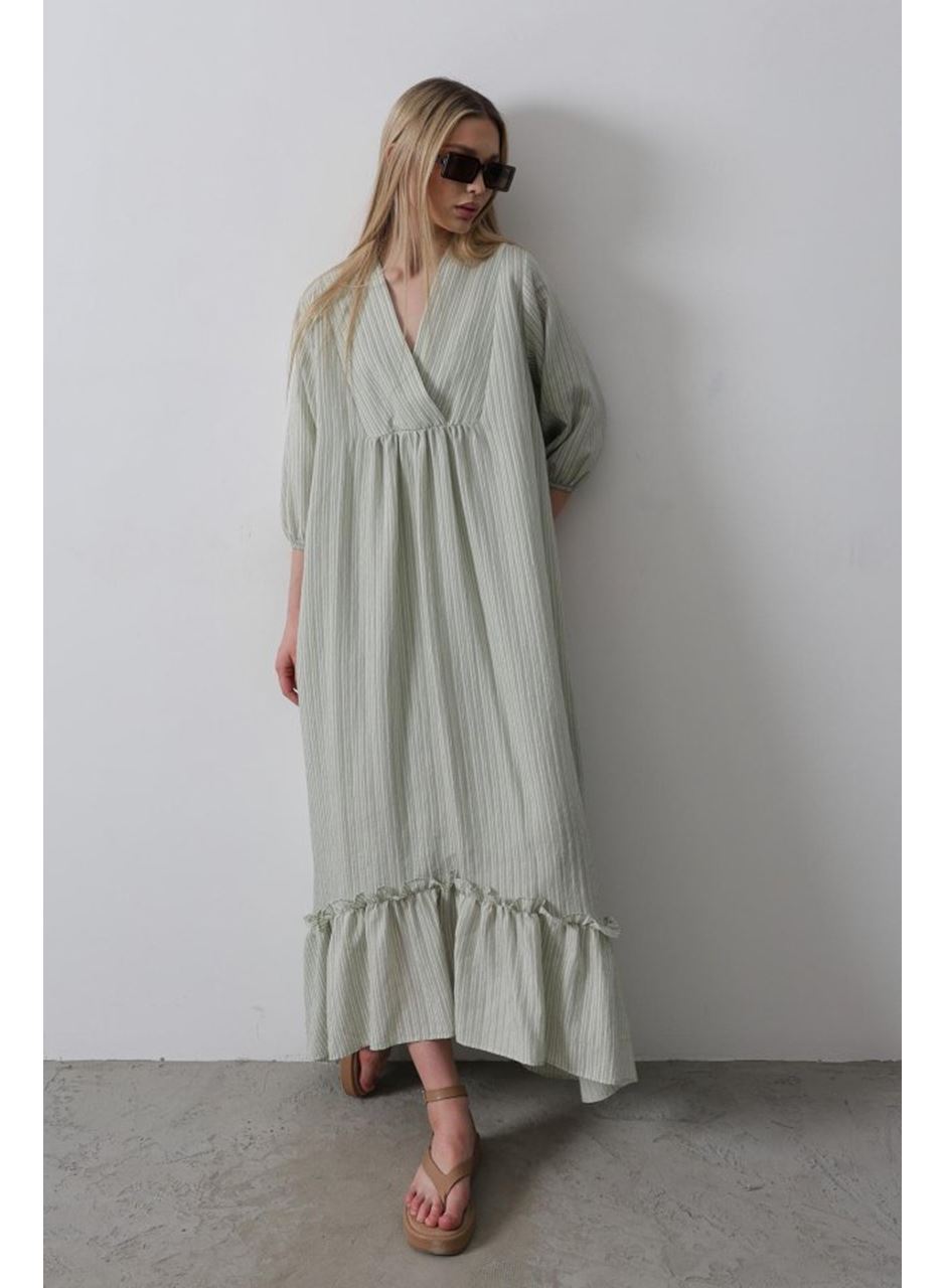 Çizgili Oversize V Yaka Elbise - Haki