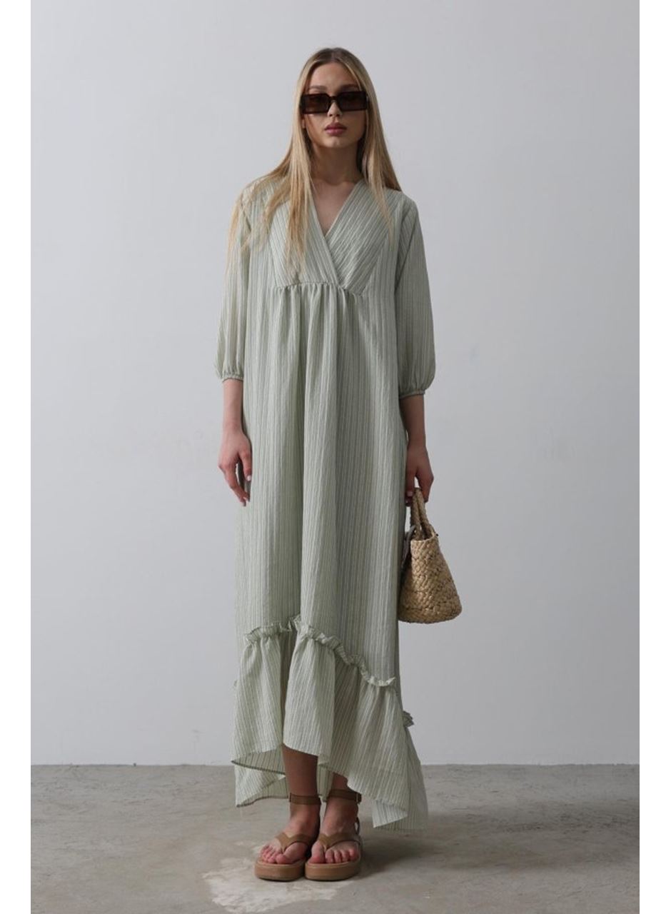 Çizgili Oversize V Yaka Elbise - Haki