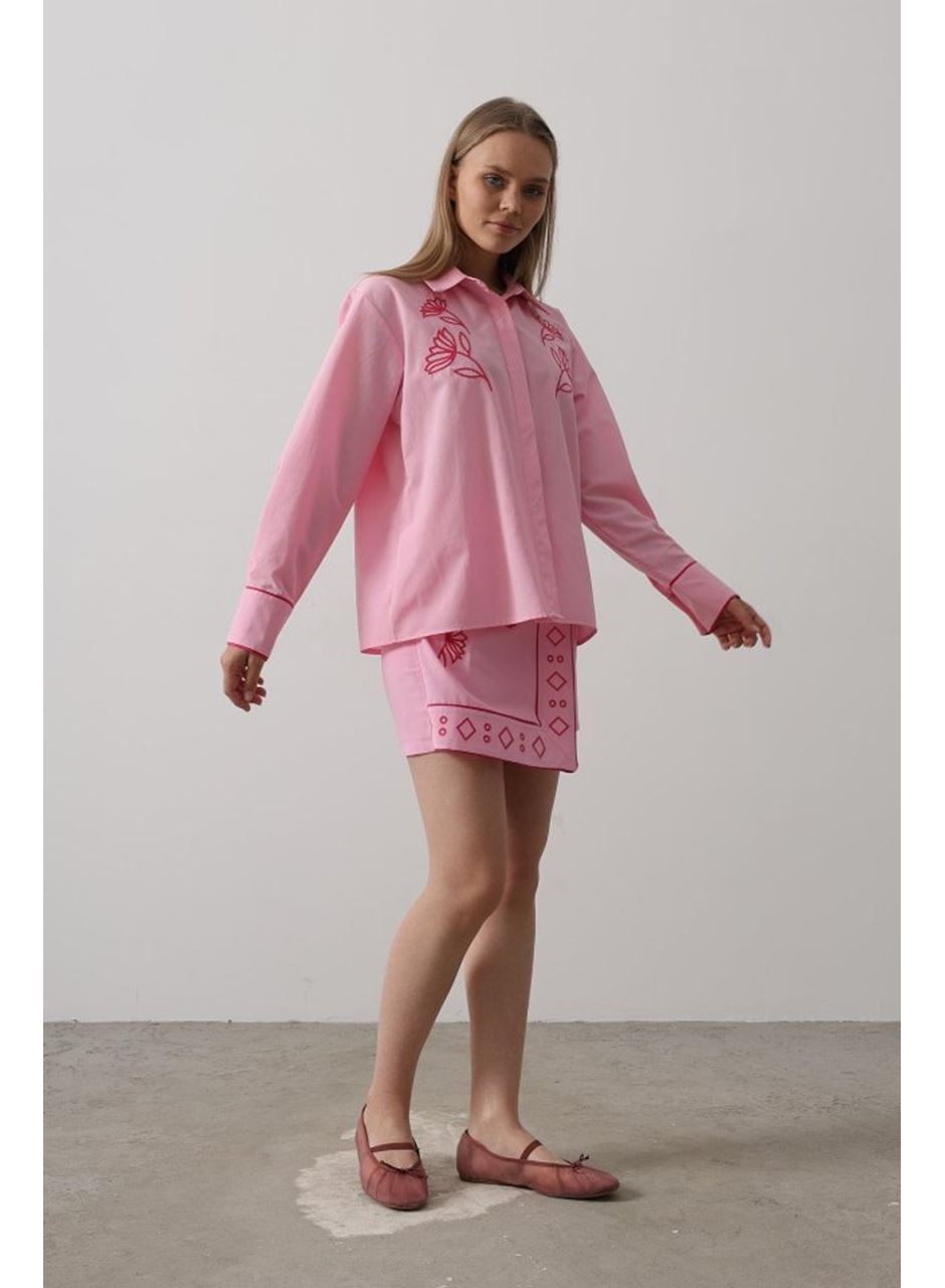 Nakış Detaylı Etekli Takım - Pembe