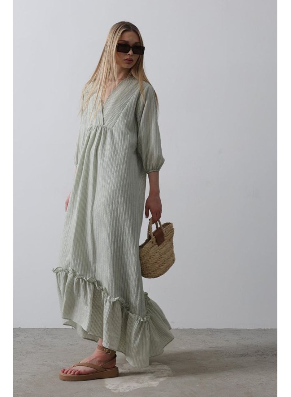 Çizgili Oversize V Yaka Elbise - Haki