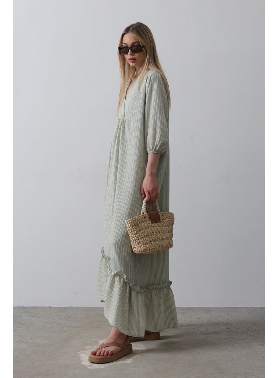 Çizgili Oversize V Yaka Elbise - Haki