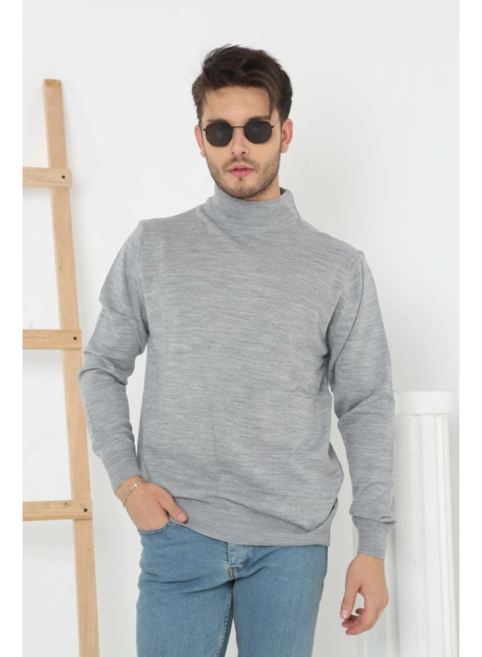 Erkek Yarım Boğaz Triko Kazak Yumuşak Dokulu Pamuklu Ince Dokuma, Uzun Kollu Rahat Regular Kalıp - Gri