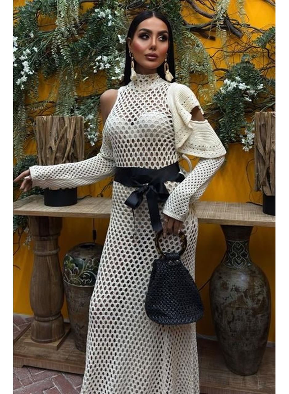 Saten Kuşaklı Ajurlu Triko Elbise 2847