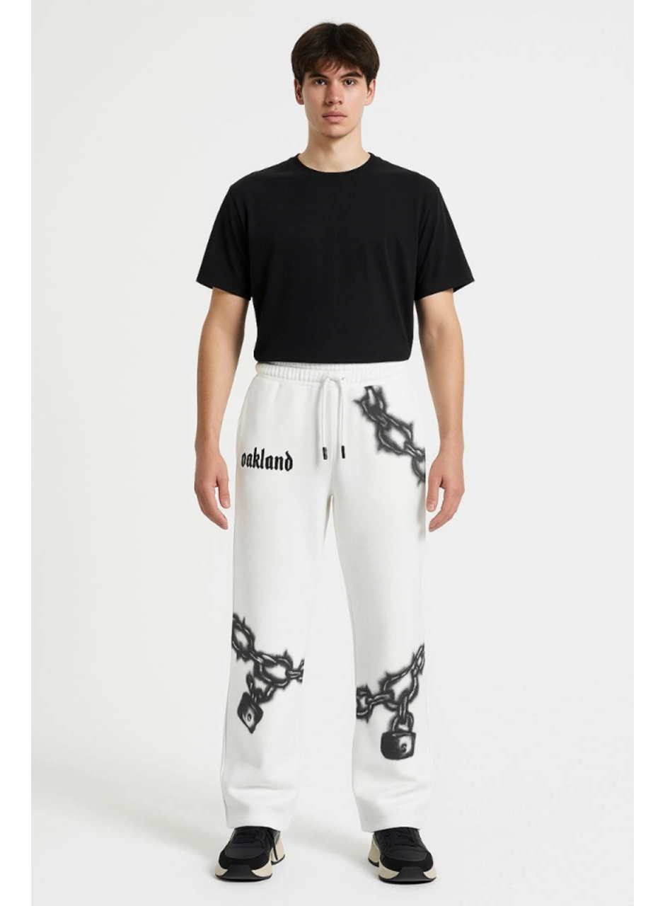 Erkek Üç İplik Pamuklu Baskılı Cepli Jogger Buggy Pantalon Oversize Kalıp - Beyaz