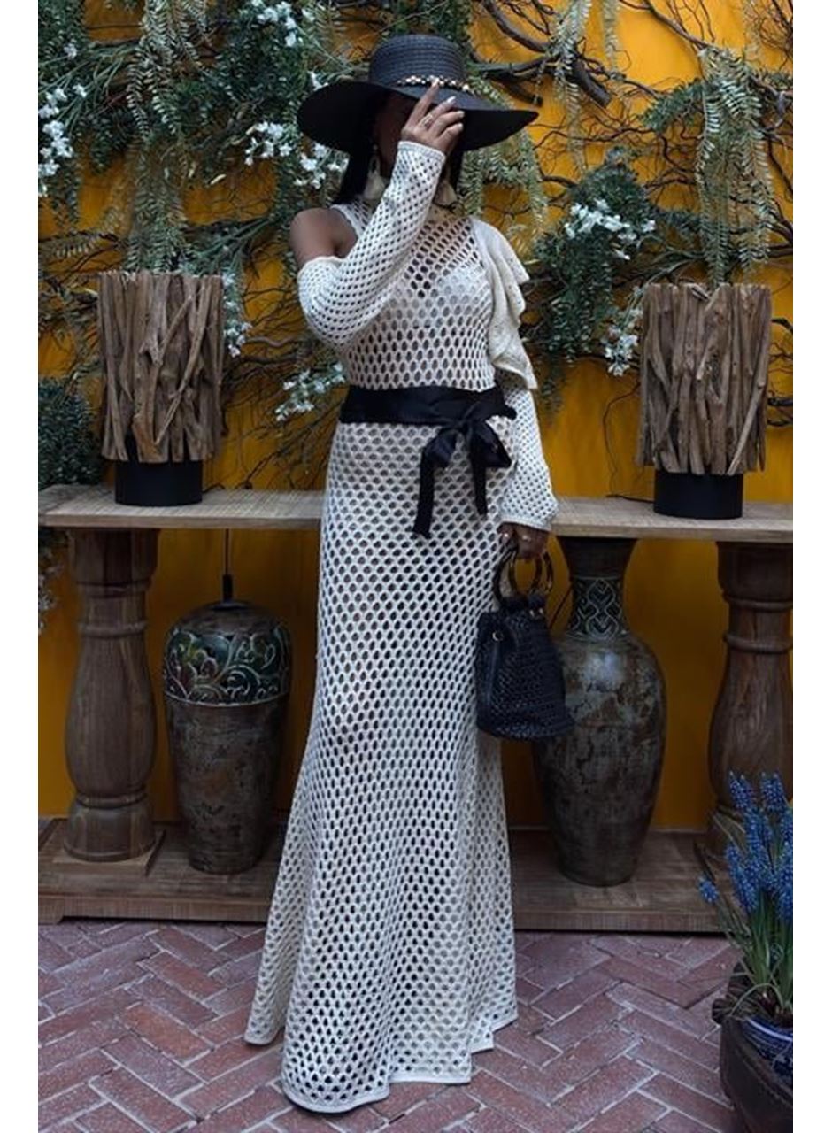 Saten Kuşaklı Ajurlu Triko Elbise 2847