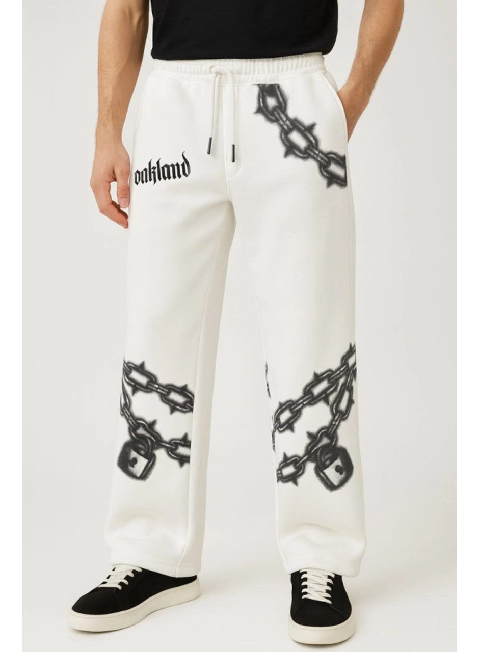 Erkek Üç İplik Pamuklu Baskılı Cepli Jogger Buggy Pantalon Oversize Kalıp - Beyaz