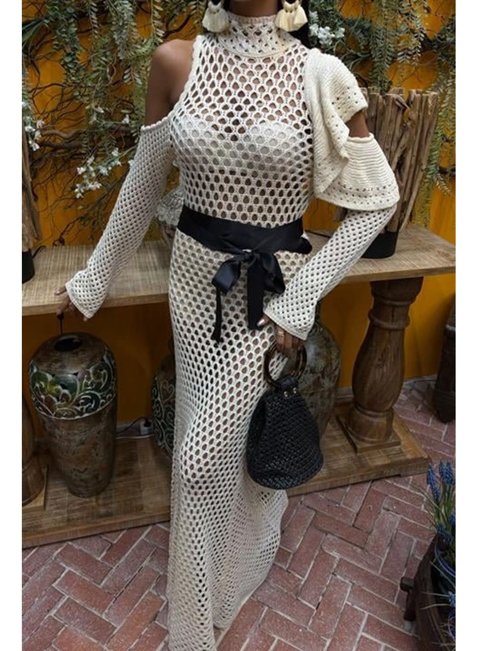 Saten Kuşaklı Ajurlu Triko Elbise 2847