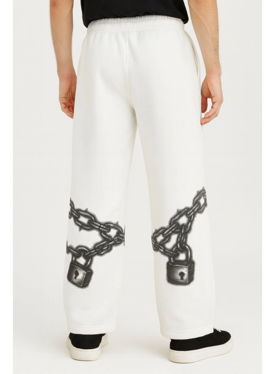 Erkek Üç İplik Pamuklu Baskılı Cepli Jogger Buggy Pantalon Oversize Kalıp - Beyaz