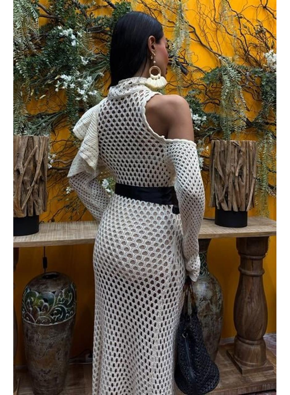 Saten Kuşaklı Ajurlu Triko Elbise 2847