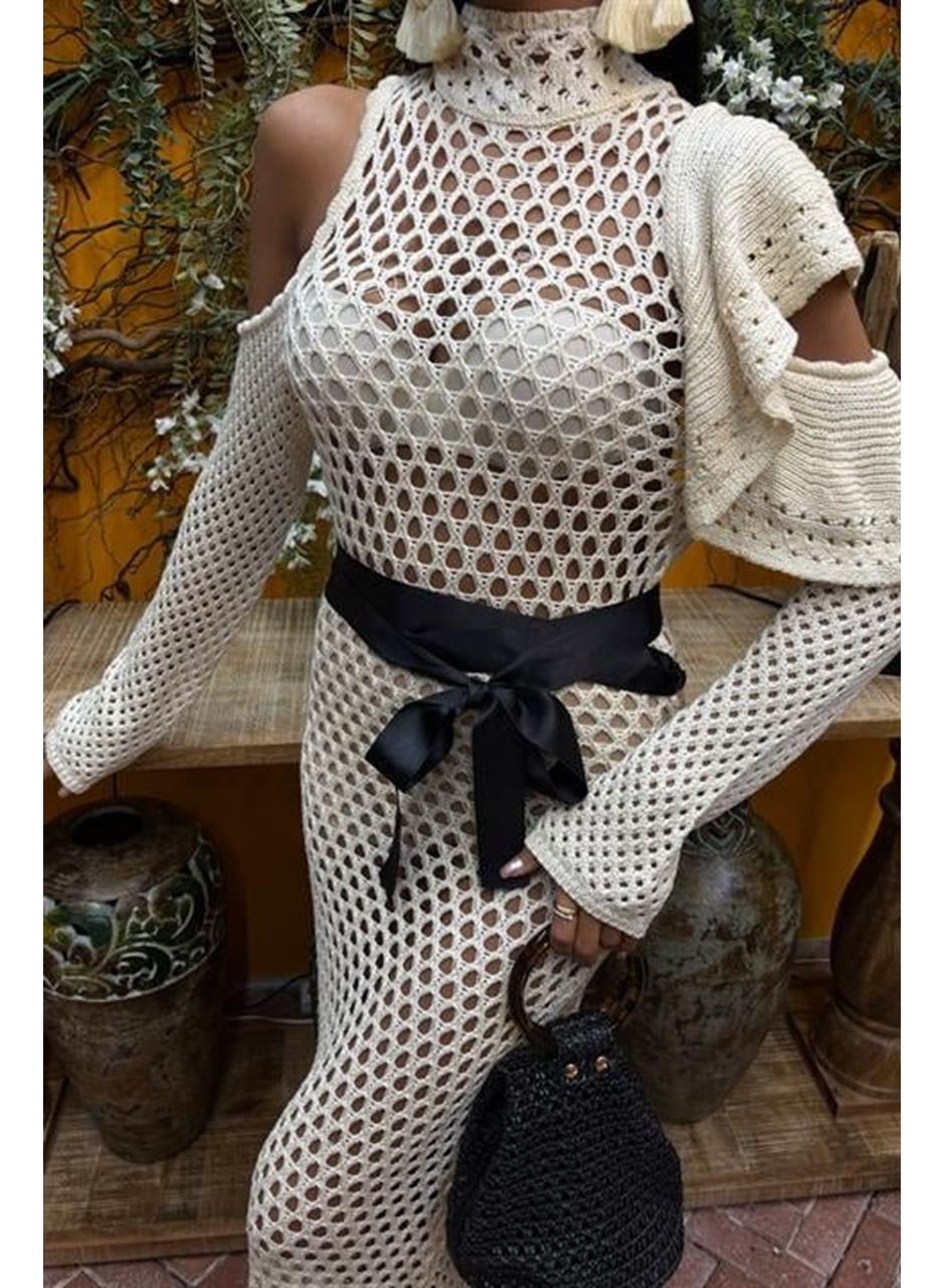 Saten Kuşaklı Ajurlu Triko Elbise 2847