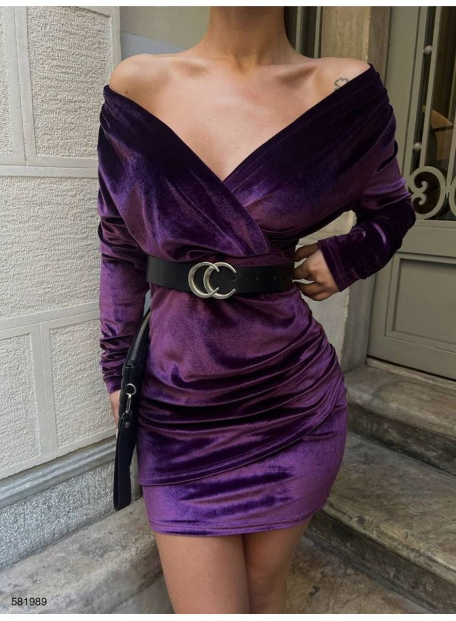 Kadın Uzun Kollu Kruvaze Yaka Omuz Dekolteli Kemer Dahil Mini Kadife Elbise