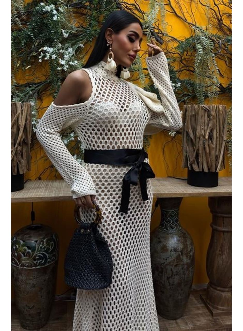 Saten Kuşaklı Ajurlu Triko Elbise 2847