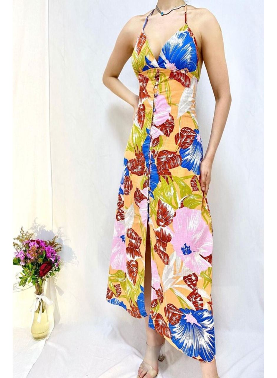 Mavi Sırt Dekolteli Keten Elbise