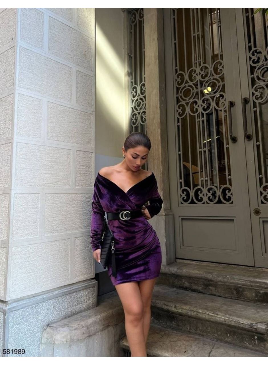 Kadın Uzun Kollu Kruvaze Yaka Omuz Dekolteli Kemer Dahil Mini Kadife Elbise