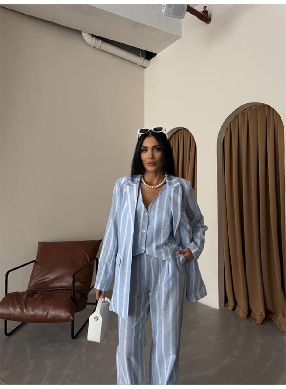 ÇİZGİLİ CEKET KETEN - Mavi