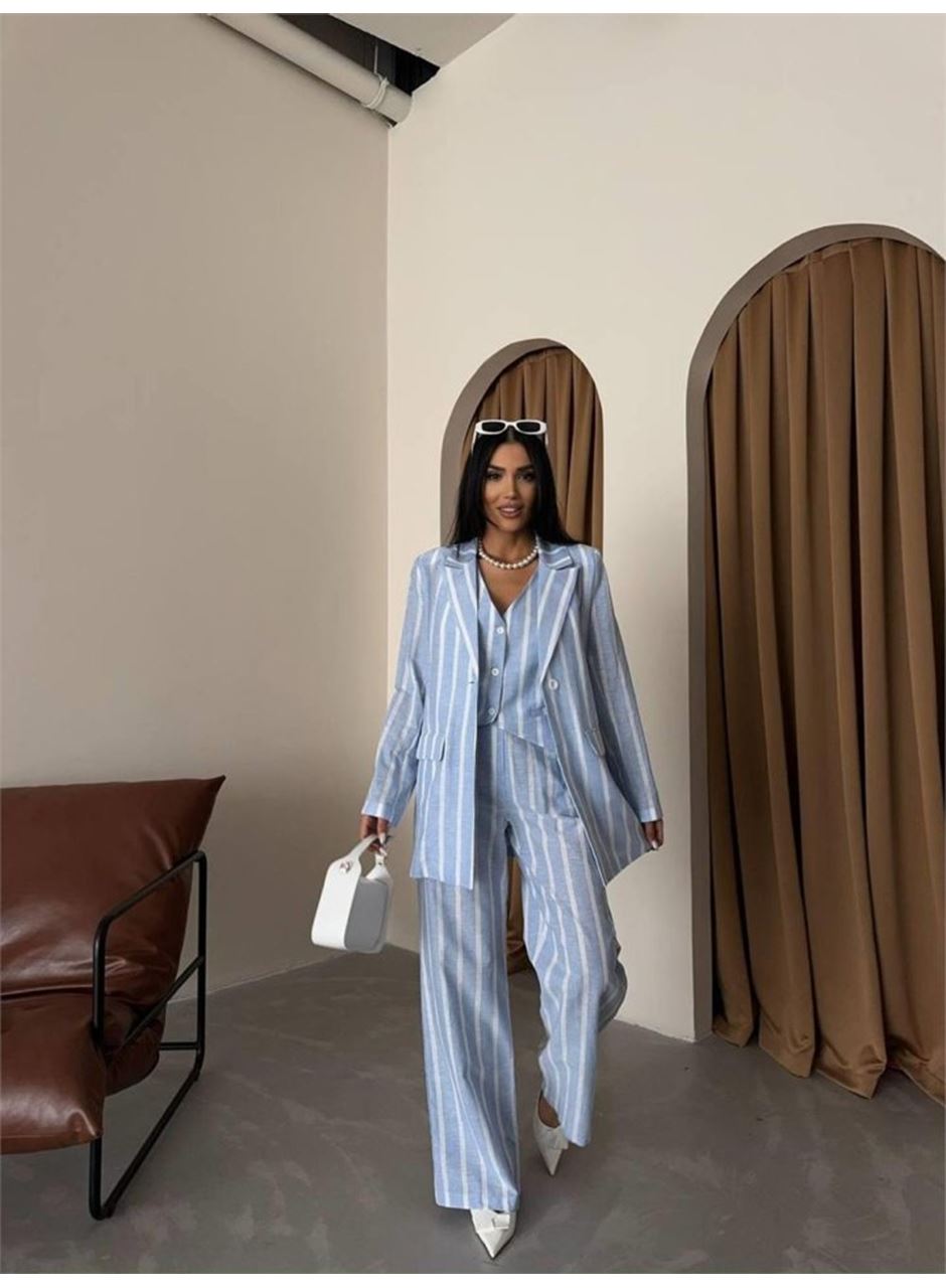 ÇİZGİLİ CEKET KETEN - Mavi