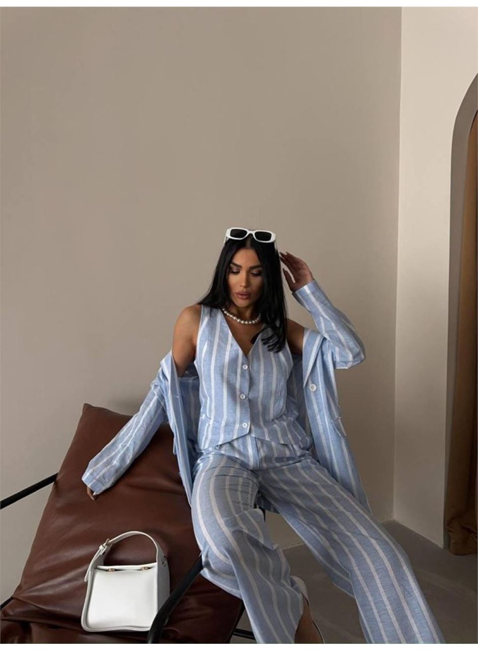 ÇİZGİLİ CEKET KETEN - Mavi