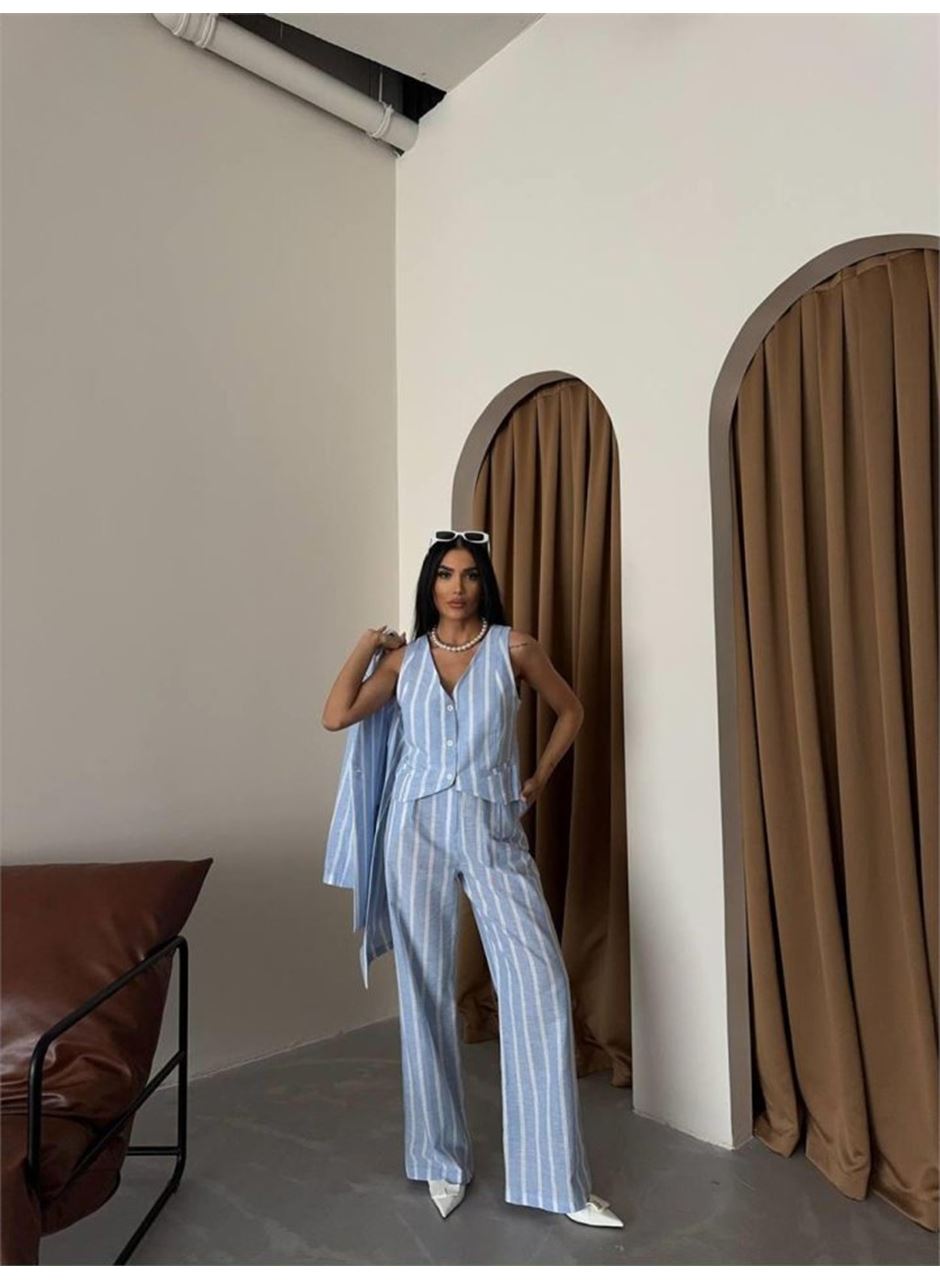 ÇİZGİLİ CEKET KETEN - Mavi