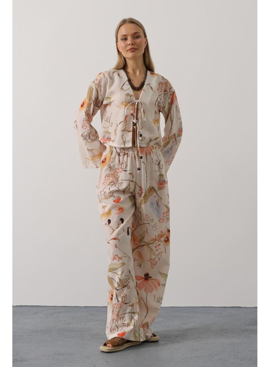 Çiçek Desen Önü Bağlamalı Pantolon Takım - Taş