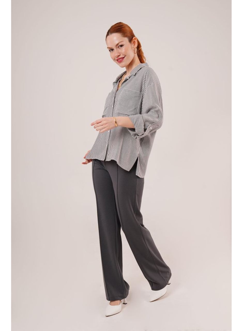 Yarasa Kol Çizgili Cep Detaylı Gri Gömlek