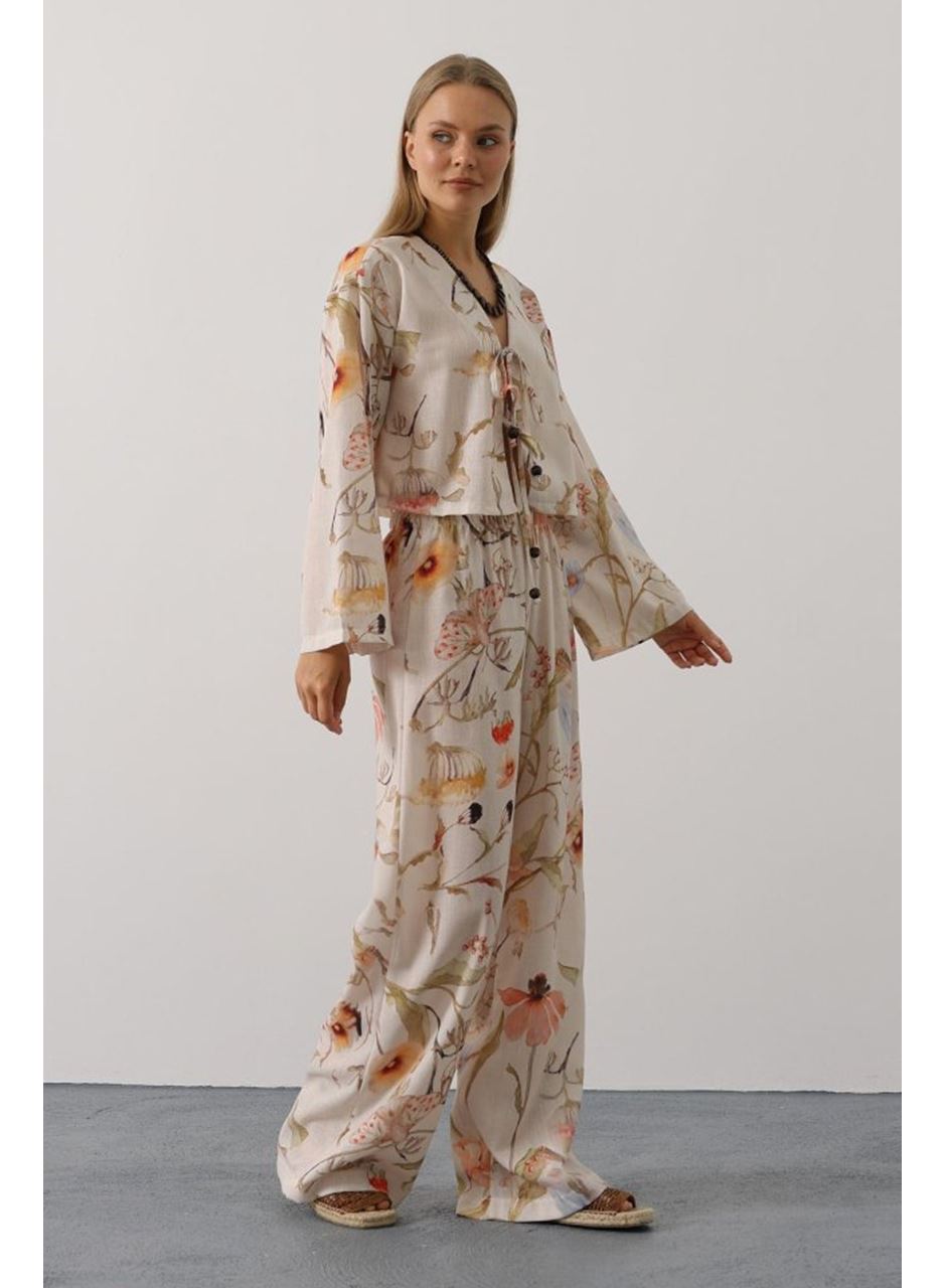 Çiçek Desen Önü Bağlamalı Pantolon Takım - Taş
