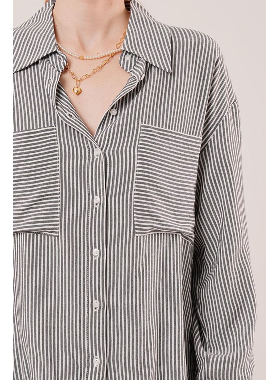 Yarasa Kol Çizgili Cep Detaylı Gri Gömlek