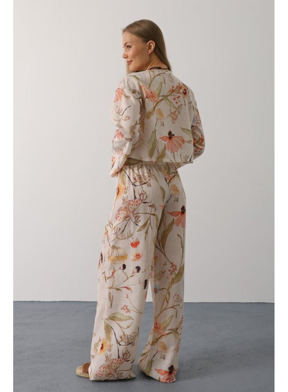 Çiçek Desen Önü Bağlamalı Pantolon Takım - Taş