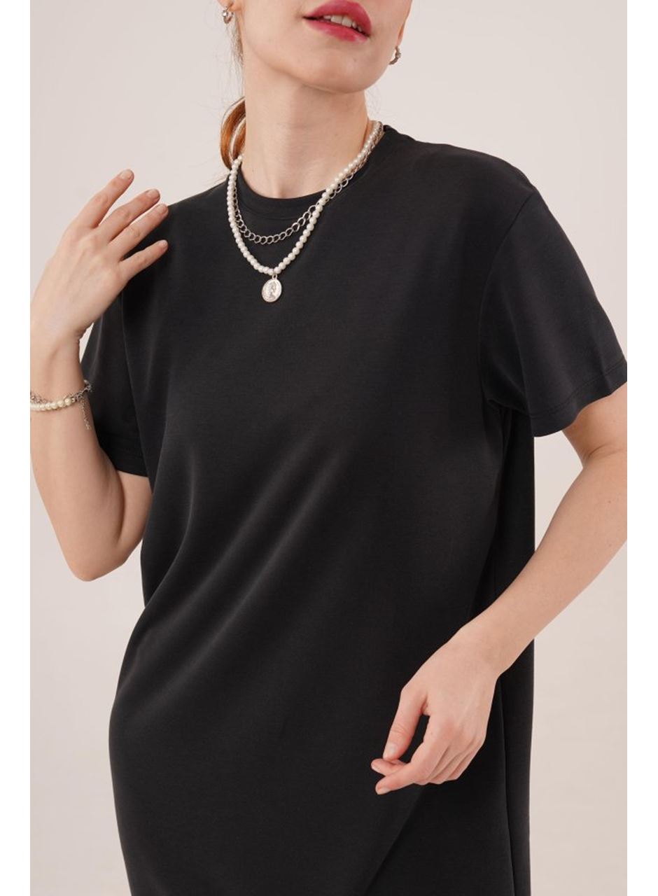 Yırtmaç Detaylı Kısa Kollu Salaş Maxi Siyah Elbise