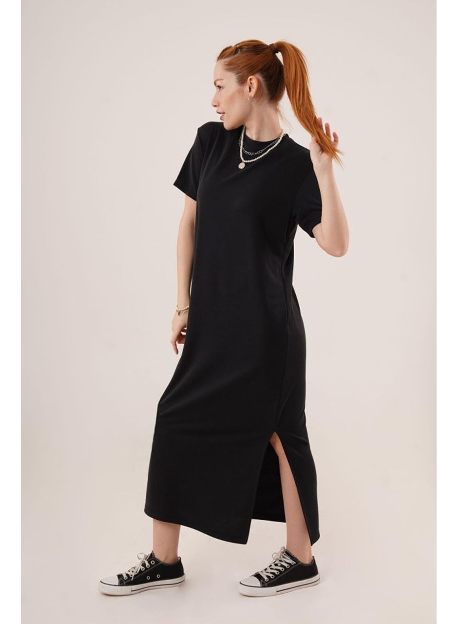 Yırtmaç Detaylı Kısa Kollu Salaş Maxi Siyah Elbise